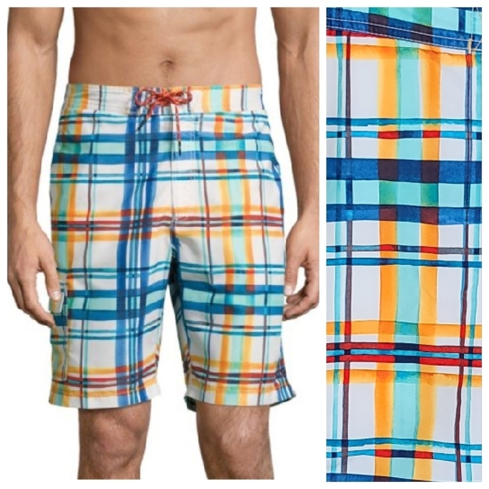 NWT Tommy Bahama XL Baja Plaid Striped Swim Board Shorts Trunks